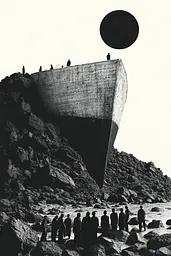 Midjourney generated image using SREF code Voidgrain: A group of people standing on top of a rocky beach.