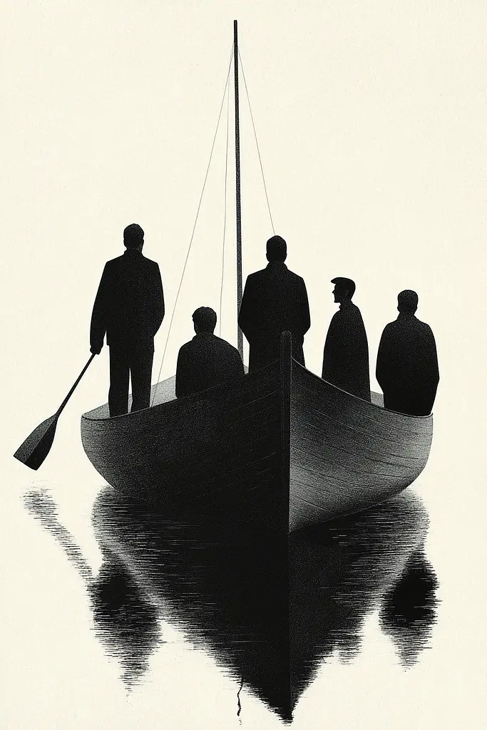 Midjourney generated image using SREF code Voidgrain: A group of people in a boat on a body of water.