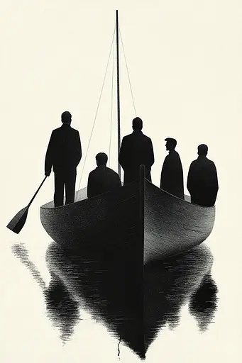 Midjourney generated image using SREF code Voidgrain: A group of people in a boat on a body of water.