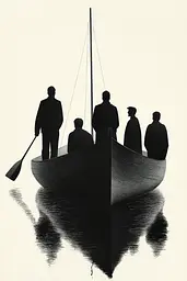 Midjourney generated image using SREF code Voidgrain: A group of people in a boat on a body of water.