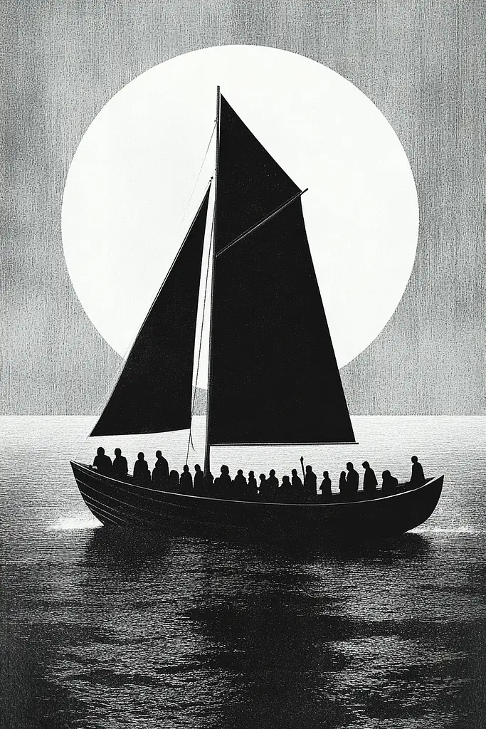 Midjourney generated image using SREF code Voidgrain: A black and white photo of people on a sailboat in the ocean.