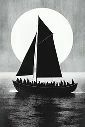 Midjourney generated image using SREF code Voidgrain: A black and white photo of people on a sailboat in the ocean.