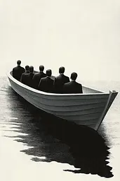 Midjourney generated image using SREF code Voidgrain: A group of people in a boat on the water.