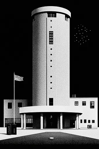 Midjourney generated image using SREF code Voidgrain: A black and white photo of a tall building with a flag on top.