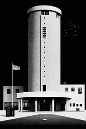 Midjourney generated image using SREF code Voidgrain: A black and white photo of a tall building with a flag on top.