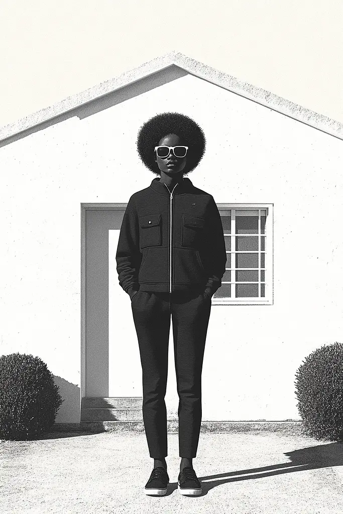 Midjourney generated image using SREF code Voidgrain: A woman standing in front of a white house.