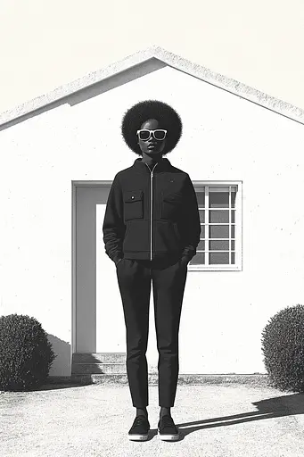 Midjourney generated image using SREF code Voidgrain: A woman standing in front of a white house.