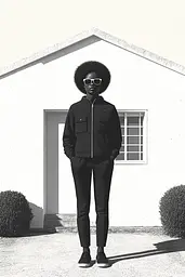 Midjourney generated image using SREF code Voidgrain: A woman standing in front of a white house.