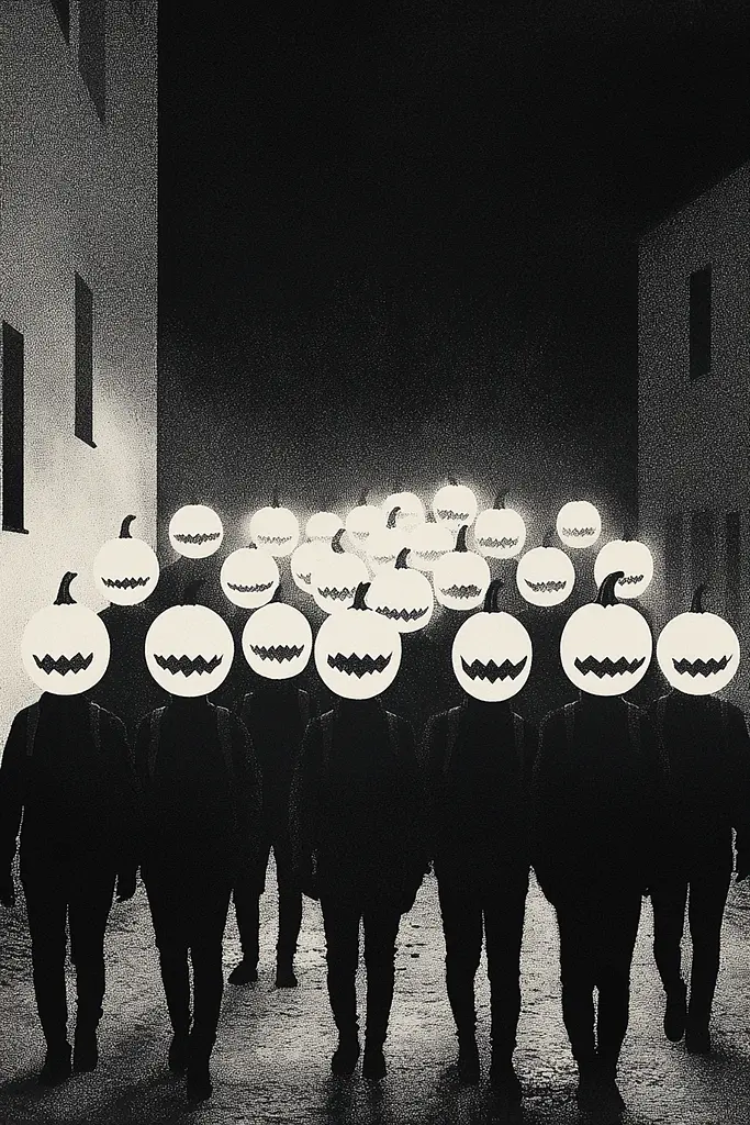 Midjourney generated image using SREF code Voidgrain: A group of people walking down a street with pumpkins on their heads.