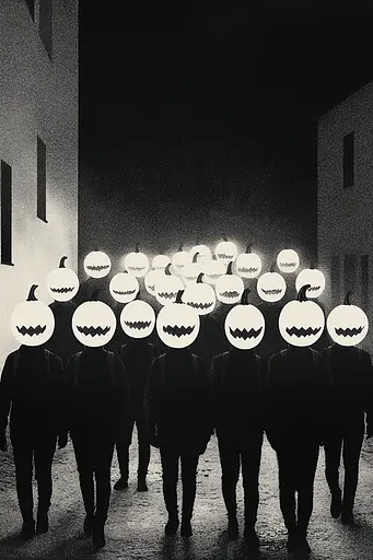 Midjourney generated image using SREF code Voidgrain: A group of people walking down a street with pumpkins on their heads.