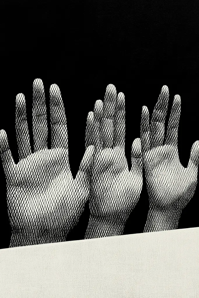 Midjourney generated image using SREF code Voidgrain: A black and white photo of three hands reaching up to the sky.