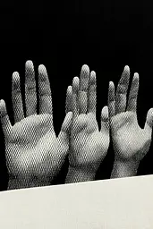 Midjourney generated image using SREF code Voidgrain: A black and white photo of three hands reaching up to the sky.