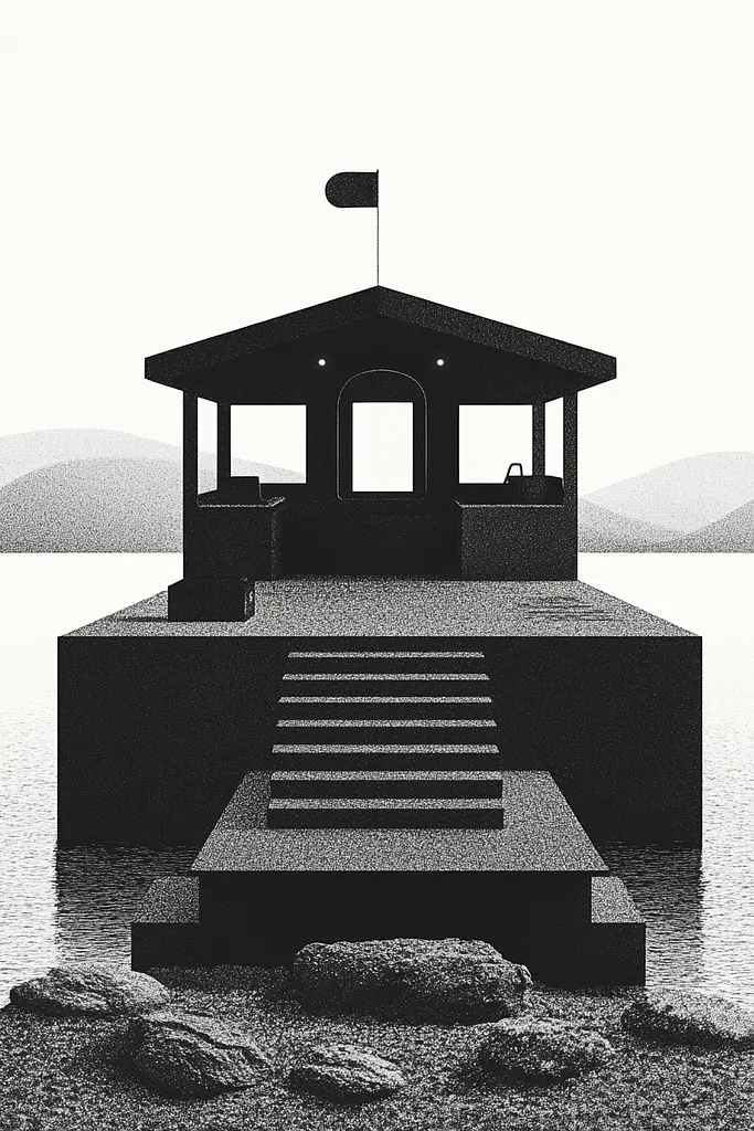 Midjourney generated image using SREF code Voidgrain: A black and white illustration of a house on a dock.