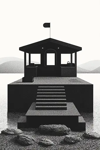 Midjourney generated image using SREF code Voidgrain: A black and white illustration of a house on a dock.