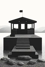 Midjourney generated image using SREF code Voidgrain: A black and white illustration of a house on a dock.