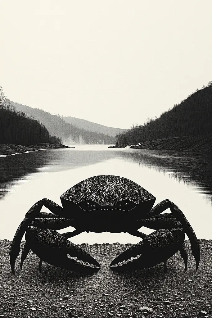 Midjourney generated image using SREF code Voidgrain: A black and white drawing of a crab on the shore of a lake.
