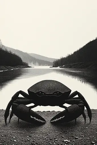 Midjourney generated image using SREF code Voidgrain: A black and white drawing of a crab on the shore of a lake.