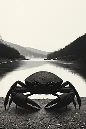 Midjourney generated image using SREF code Voidgrain: A black and white drawing of a crab on the shore of a lake.