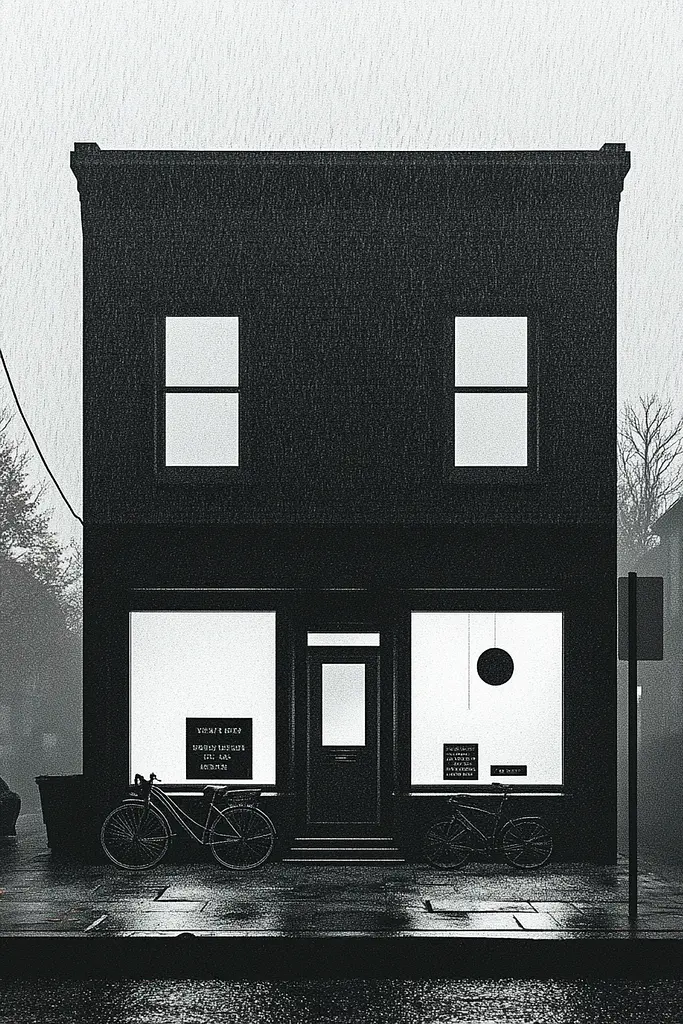 Midjourney generated image using SREF code Voidgrain: A black and white photo of a building with a bicycle parked in front of it.