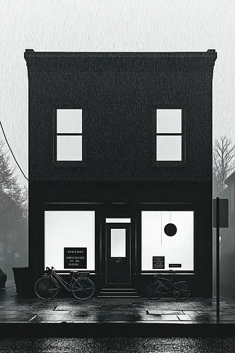 Midjourney generated image using SREF code Voidgrain: A black and white photo of a building with a bicycle parked in front of it.
