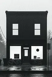 Midjourney generated image using SREF code Voidgrain: A black and white photo of a building with a bicycle parked in front of it.