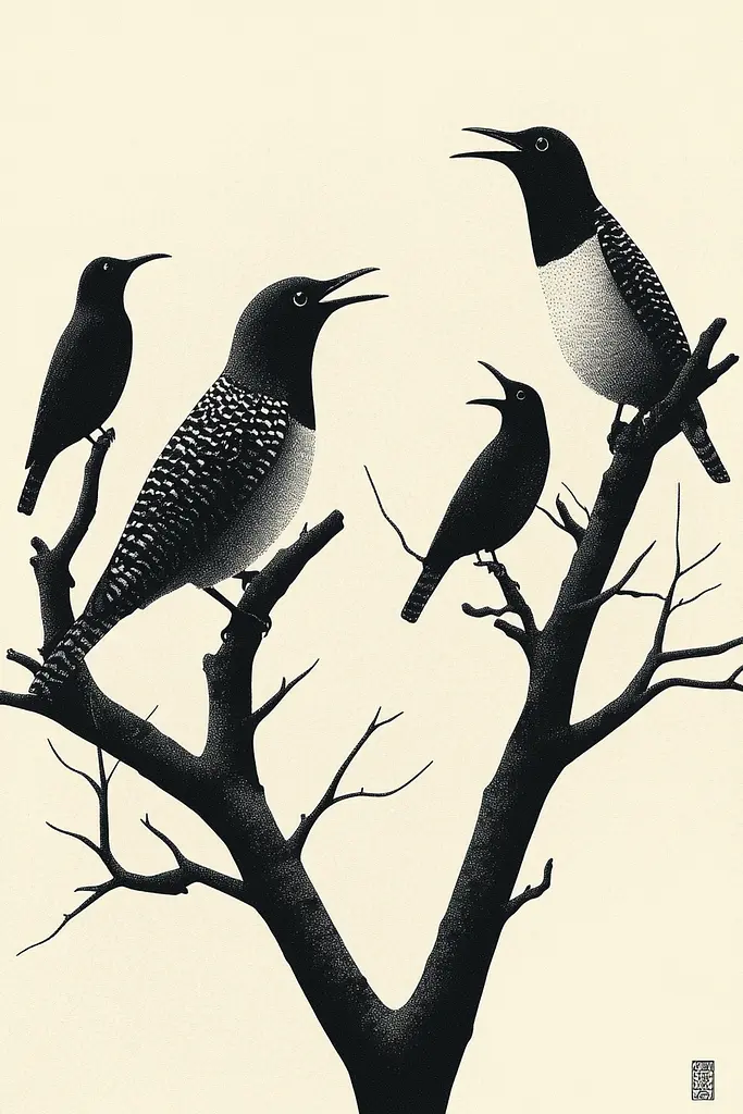 Midjourney generated image using SREF code Voidgrain: A group of birds sitting on top of a tree.
