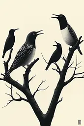 Midjourney generated image using SREF code Voidgrain: A group of birds sitting on top of a tree.