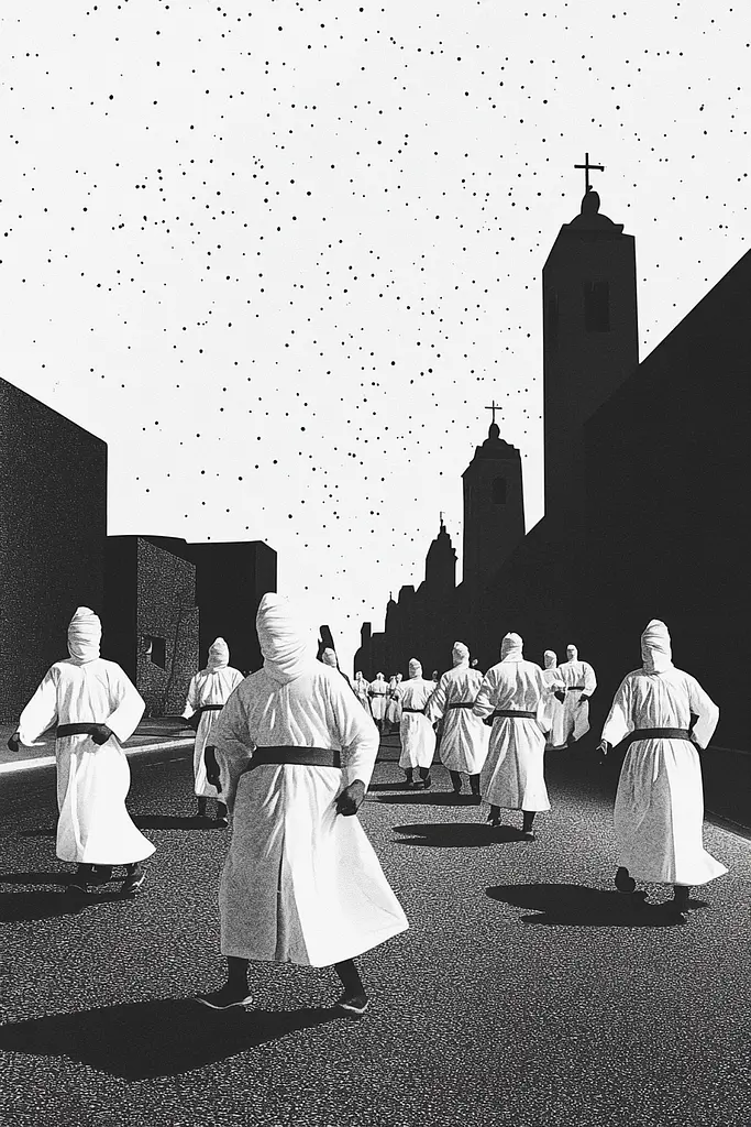 Midjourney generated image using SREF code Voidgrain: A group of people walking down a street in front of a church.