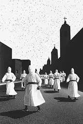 Midjourney generated image using SREF code Voidgrain: A group of people walking down a street in front of a church.