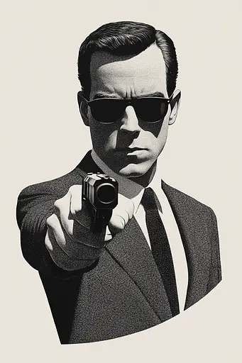 Midjourney generated image using SREF code Voidgrain: A man in a suit and sunglasses holding a gun.