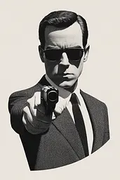 Midjourney generated image using SREF code Voidgrain: A man in a suit and sunglasses holding a gun.