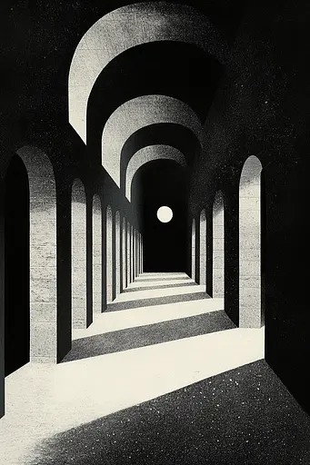 Midjourney generated image using SREF code Voidgrain: A black and white photo of a long hallway with arches.