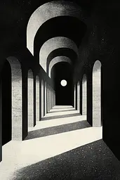 Midjourney generated image using SREF code Voidgrain: A black and white photo of a long hallway with arches.