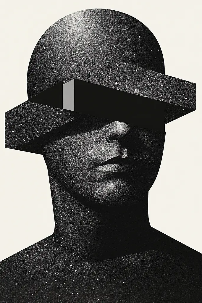 Midjourney generated image using SREF code Voidgrain: A black and white photo of a man wearing a hat.