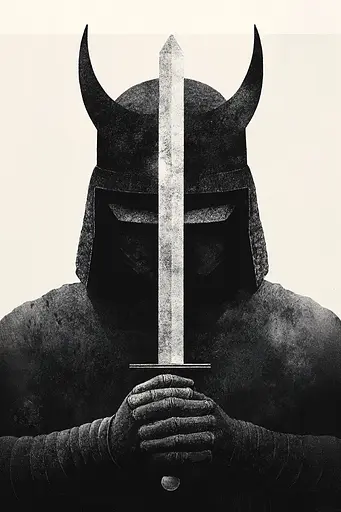 Midjourney generated image using SREF code Voidgrain: A black and white photo of a man in a helmet holding a sword.