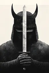 Midjourney generated image using SREF code Voidgrain: A black and white photo of a man in a helmet holding a sword.