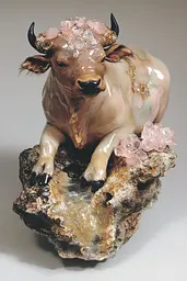 Midjourney generated image using SREF code Whisker Silks: A figurine of a cow sitting on top of a rock.