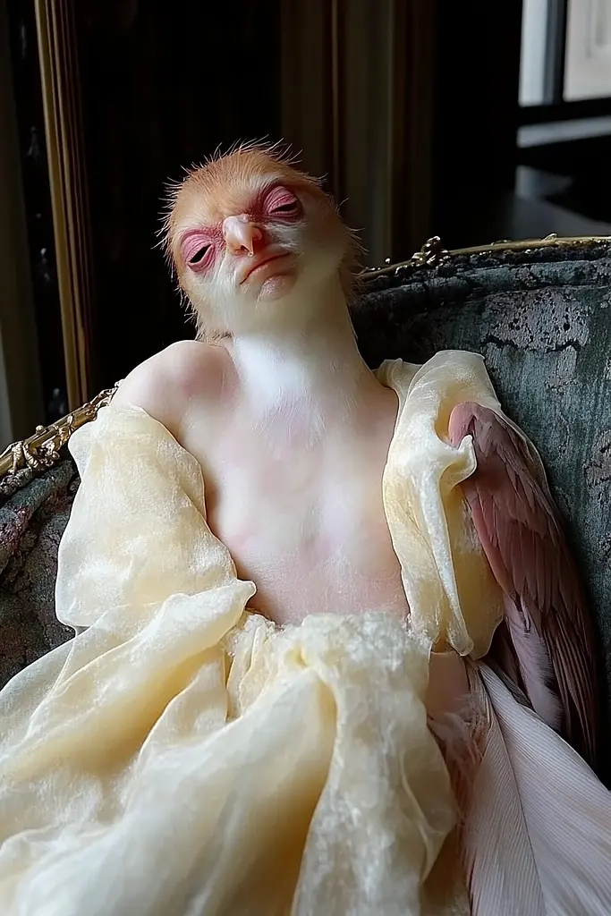 Midjourney generated image using SREF code Whisker Silks: A monkey sitting in a chair covered in a white sheet.