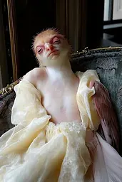Midjourney generated image using SREF code Whisker Silks: A monkey sitting in a chair covered in a white sheet.