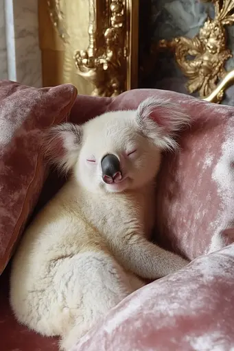 Midjourney generated image using SREF code Whisker Silks: A koala bear sleeping on a pink couch with its eyes closed.