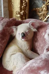 Midjourney generated image using SREF code Whisker Silks: A koala bear sleeping on a pink couch with its eyes closed.