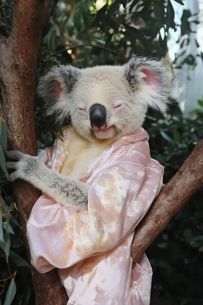 Midjourney generated image using SREF code Whisker Silks: A koala bear in a pink robe sleeping in a tree.