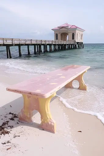 Midjourney generated image using SREF code Whisker Silks: A pink bench sitting on top of a sandy beach next to the ocean.
