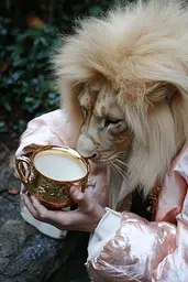 Midjourney generated image using SREF code Whisker Silks: A person dressed as a lion drinking from a cup.
