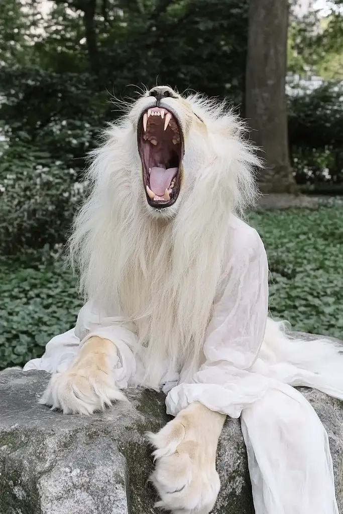 Midjourney generated image using SREF code Whisker Silks: A white lion sitting on top of a rock with its mouth open.