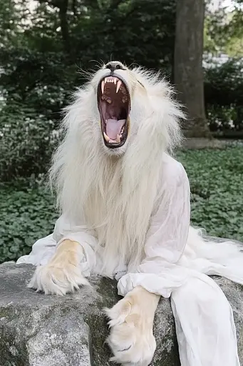 Midjourney generated image using SREF code Whisker Silks: A white lion sitting on top of a rock with its mouth open.