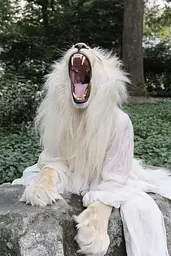 Midjourney generated image using SREF code Whisker Silks: A white lion sitting on top of a rock with its mouth open.