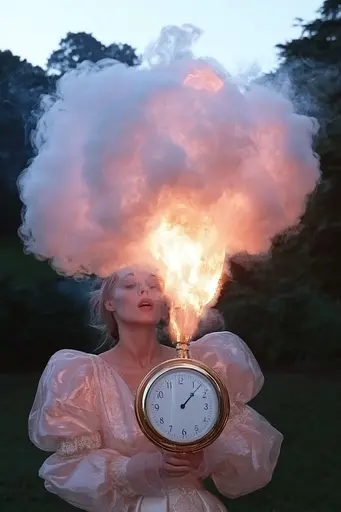 Midjourney generated image using SREF code Whisker Silks: A woman in a pink dress holding a clock with smoke coming out of it.