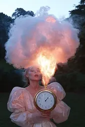 Midjourney generated image using SREF code Whisker Silks: A woman in a pink dress holding a clock with smoke coming out of it.