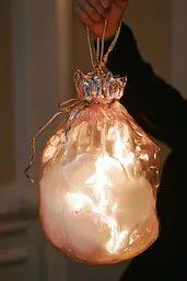 Midjourney generated image using SREF code Whisker Silks: A person holding a light that is in a bag.